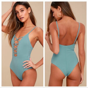 Lulus Myrtle Beach Light Blue Lace-Up One Piece L Swimsuit Minimalist Chic Sexy